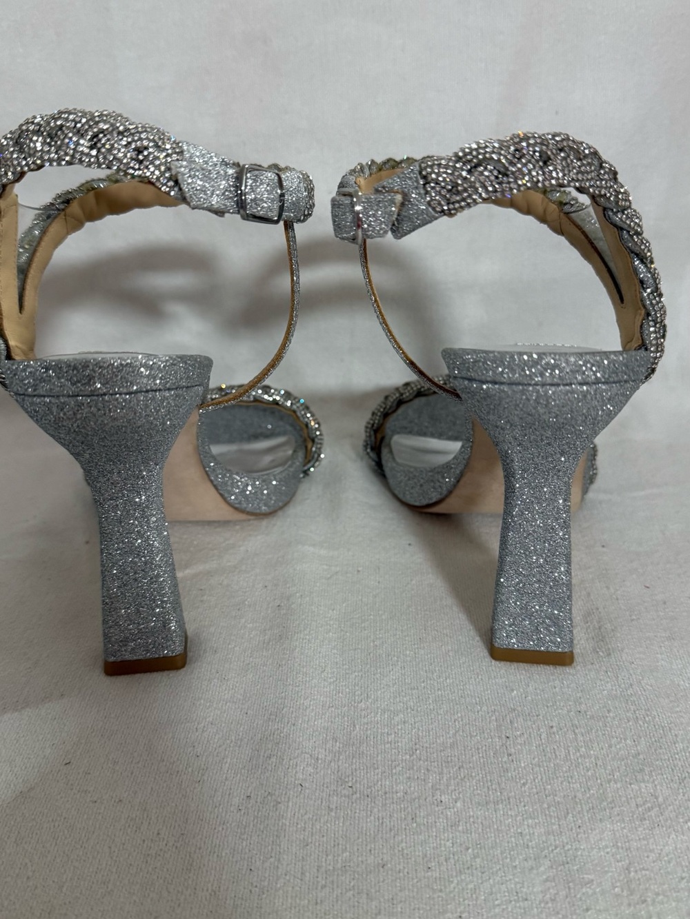 Badgley Mischka Fennel Silver Braided Crystal Strap Spool Heel Sandals - Picture 4 of 9